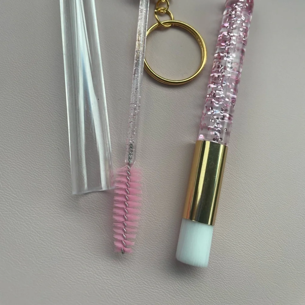 Eyelash Extension Aftercare Kit pink glitter gold keychain Lash Shampoo Brush